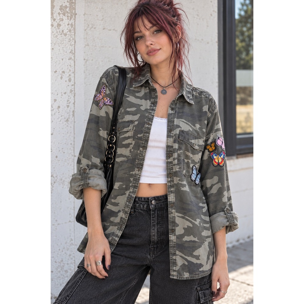Express Boyfriend Camo Button Shirt XL Butterfly Patches Y2K Fairy Grunge